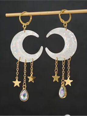 Opal Crescent Moon Drop Earrings - (090234) 🌙 ✨